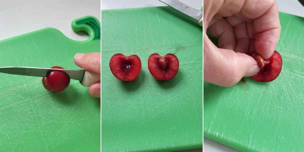 1. Cutting a cherry in half. 2. Split cherry with pit in one side. 3. A hand pulling the pit out of the cherry