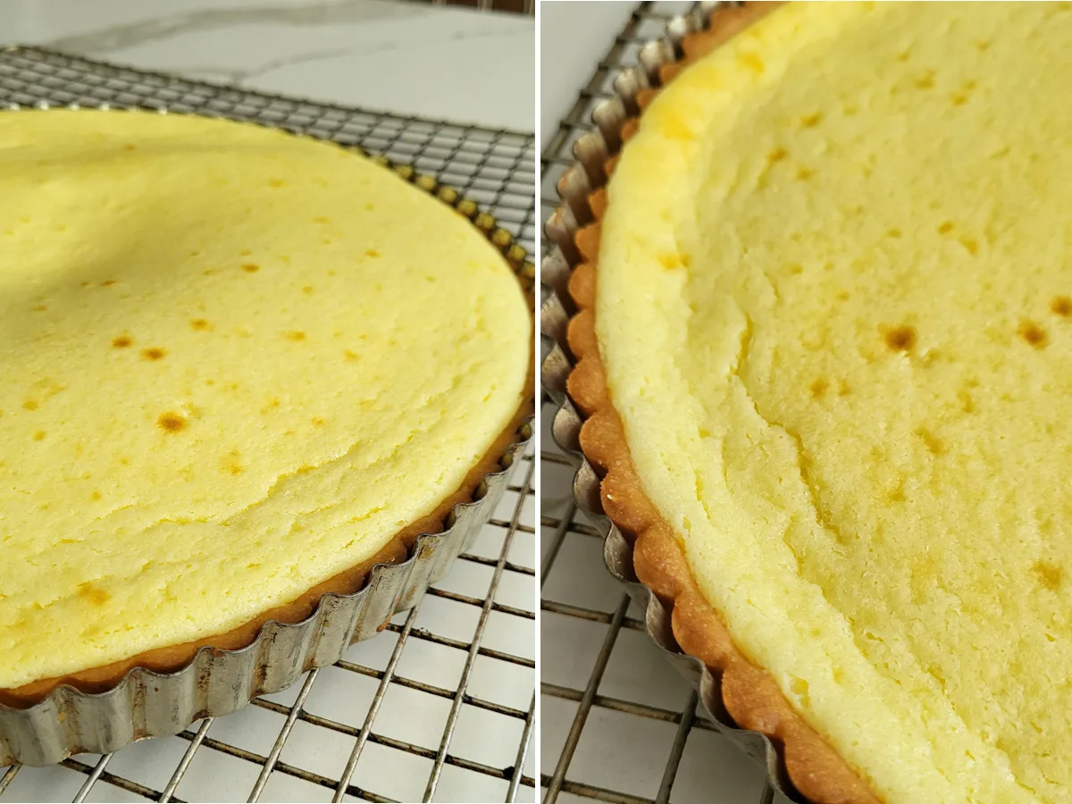 1. A cheesecake tart puffy from the oven. 2. A cheesecake tart settled after cooling.