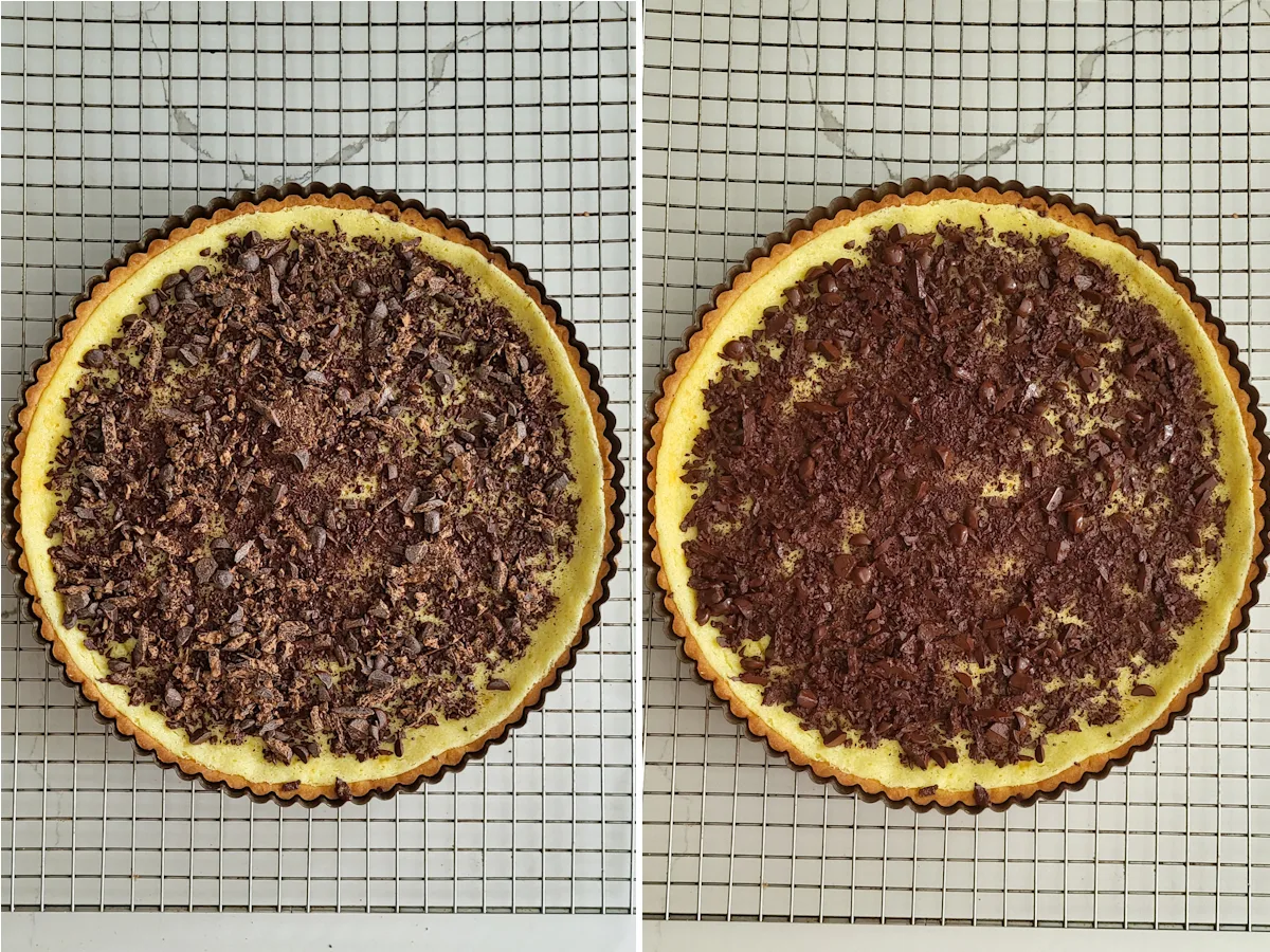 a cheesecake tart covered with chopped chocolate before and after the chocolate melts.