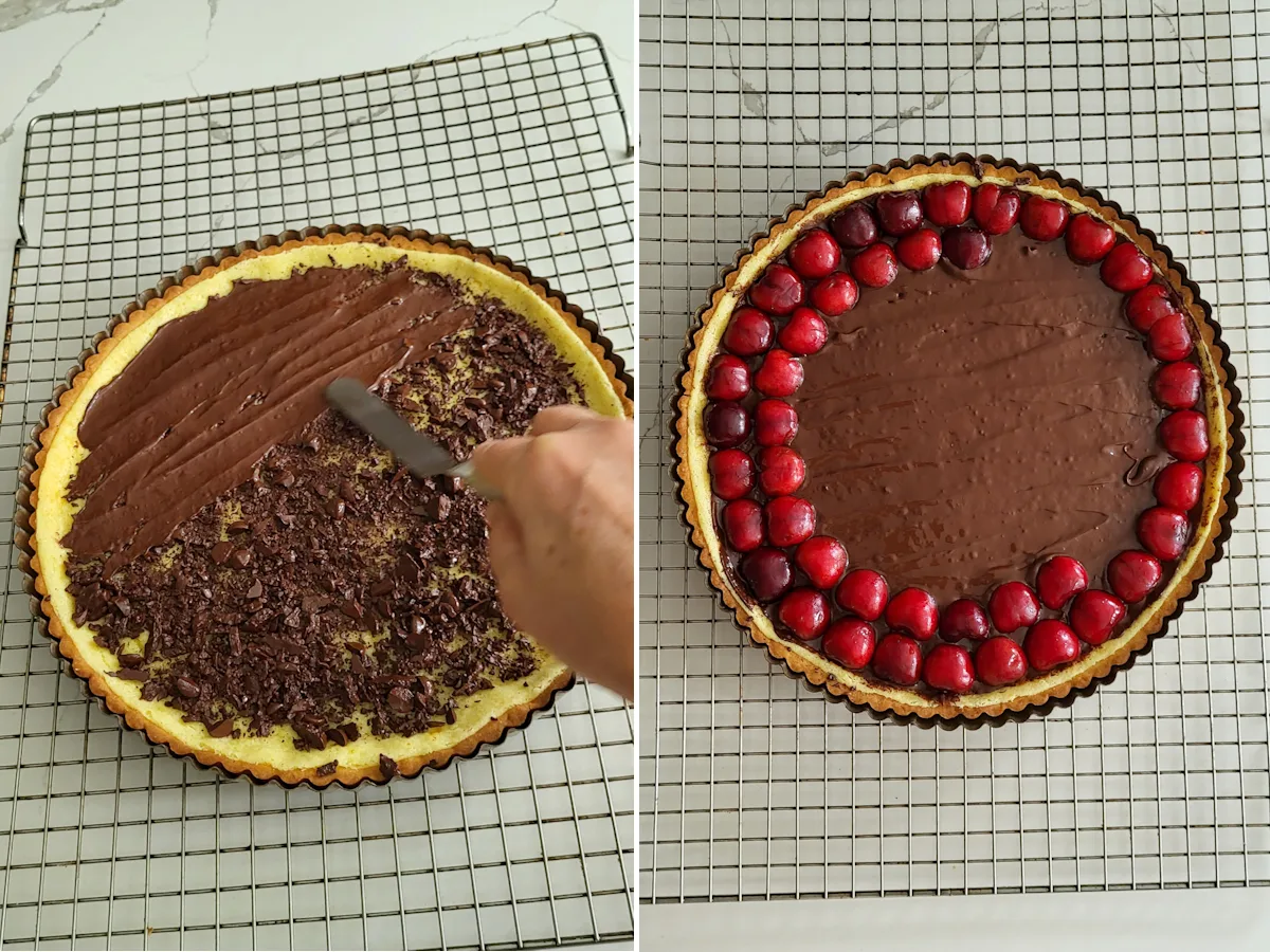 1. Spreading chocolate onto a tart. 2. A tart with chocolate and two rows of cherries on top.