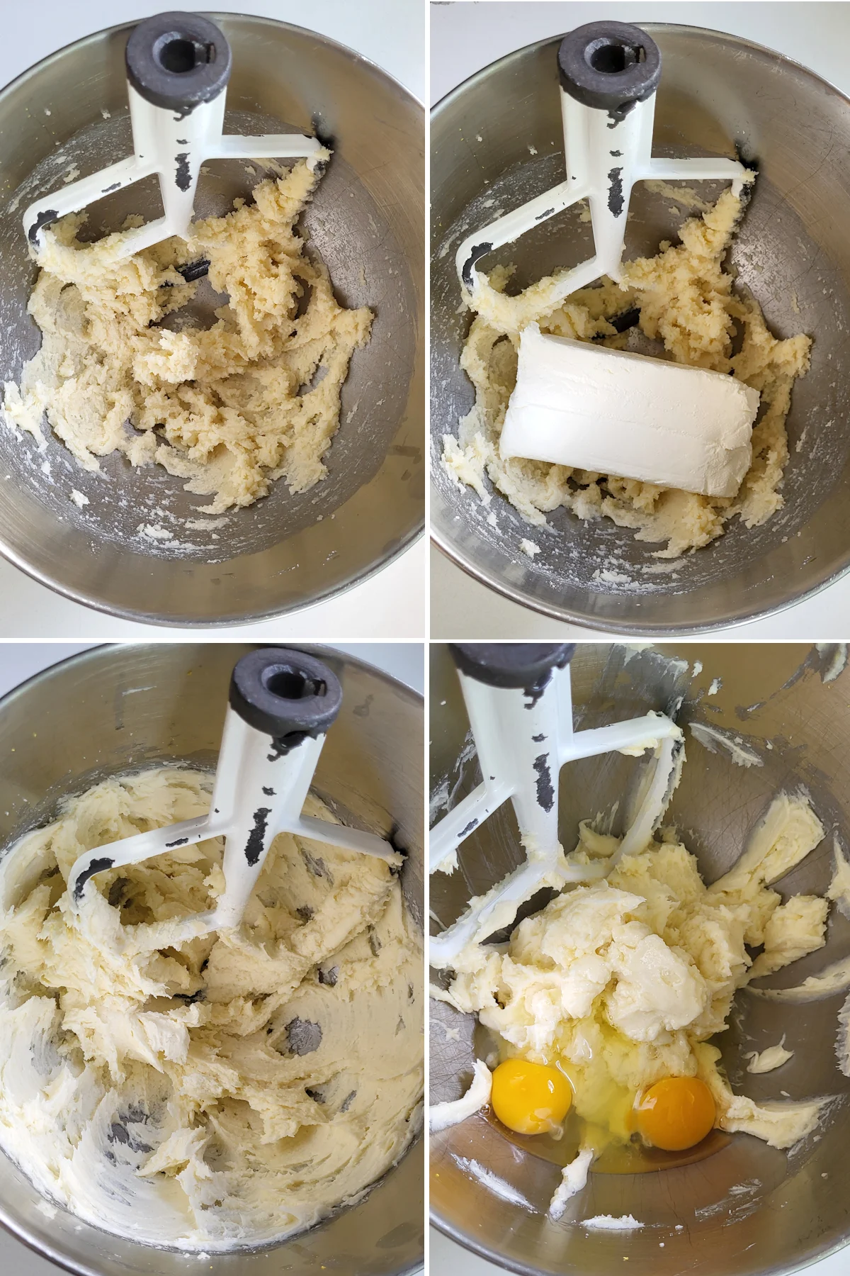 1. Butter and sugar in a mixing bowl. 2. Cream cheese added to the bowl. 3. Cream cheese mixed into the batter. 4. Two eggs added to the batter. 