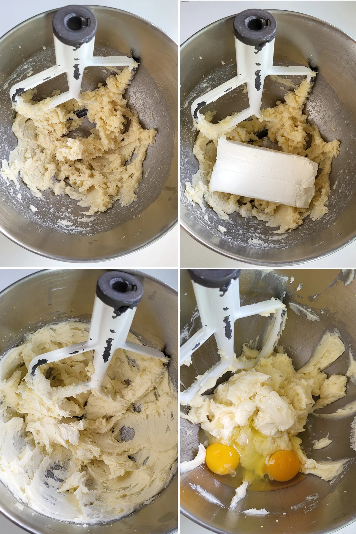 1. Butter and sugar in a mixing bowl. 2. Cream cheese added to the bowl. 3. Cream cheese mixed into the batter. 4. Two eggs added to the batter.