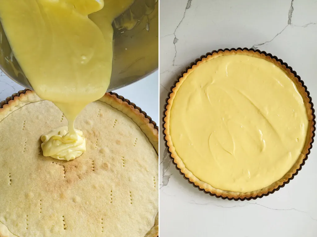 pouring cheesecake batter into a tart shell and smooth to an even layer.