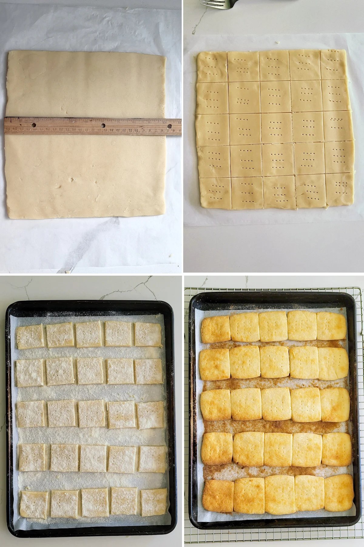 1. A 10" square of dough. 2. 25 square cut from a large square. 3. Unbaked shortbread cookies on a try. 4. Baked shortbread cookies on a tray.