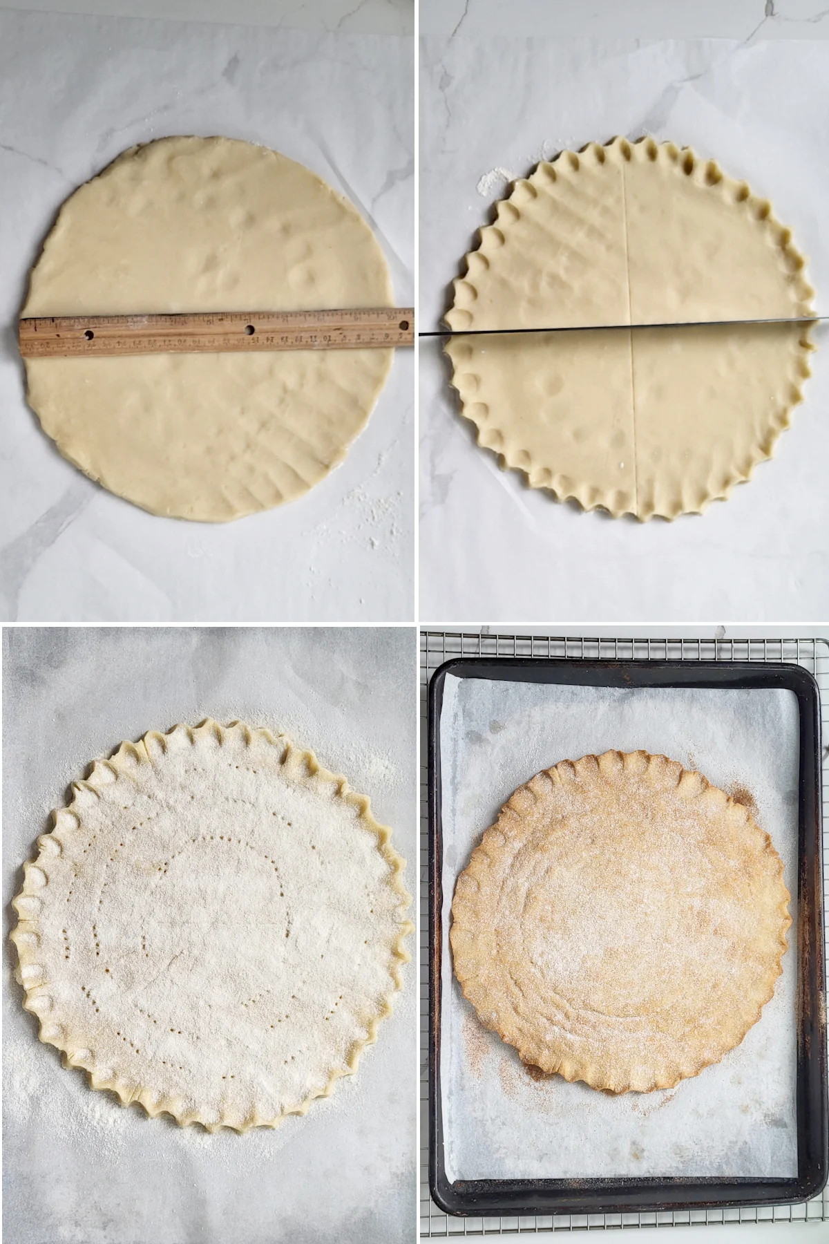 1. A 10" round of dough. 2. A kinife scoring a round of dough. 3. A round of unbaked shortbread on a try. 4. A round of baked shortbread on a tray.