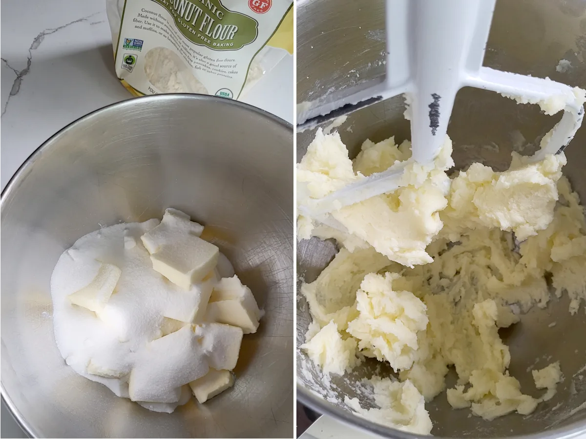 a bowl with chunks of butter and sugar. A bowl with creamed butter and sugar.