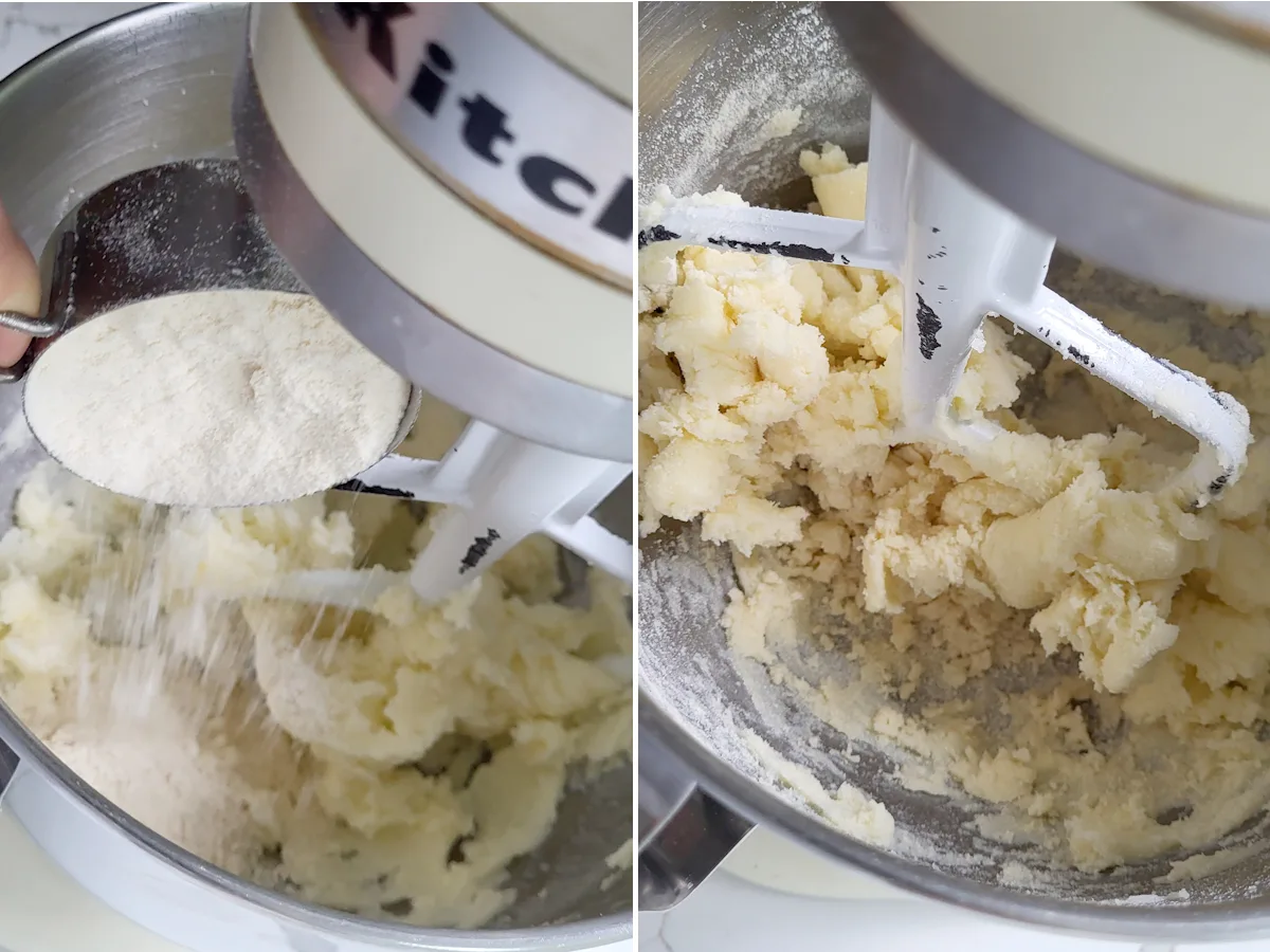 a cup of coconut flour pouring into a mixing bowl. Coconut flour mixed into dough in a bowl.