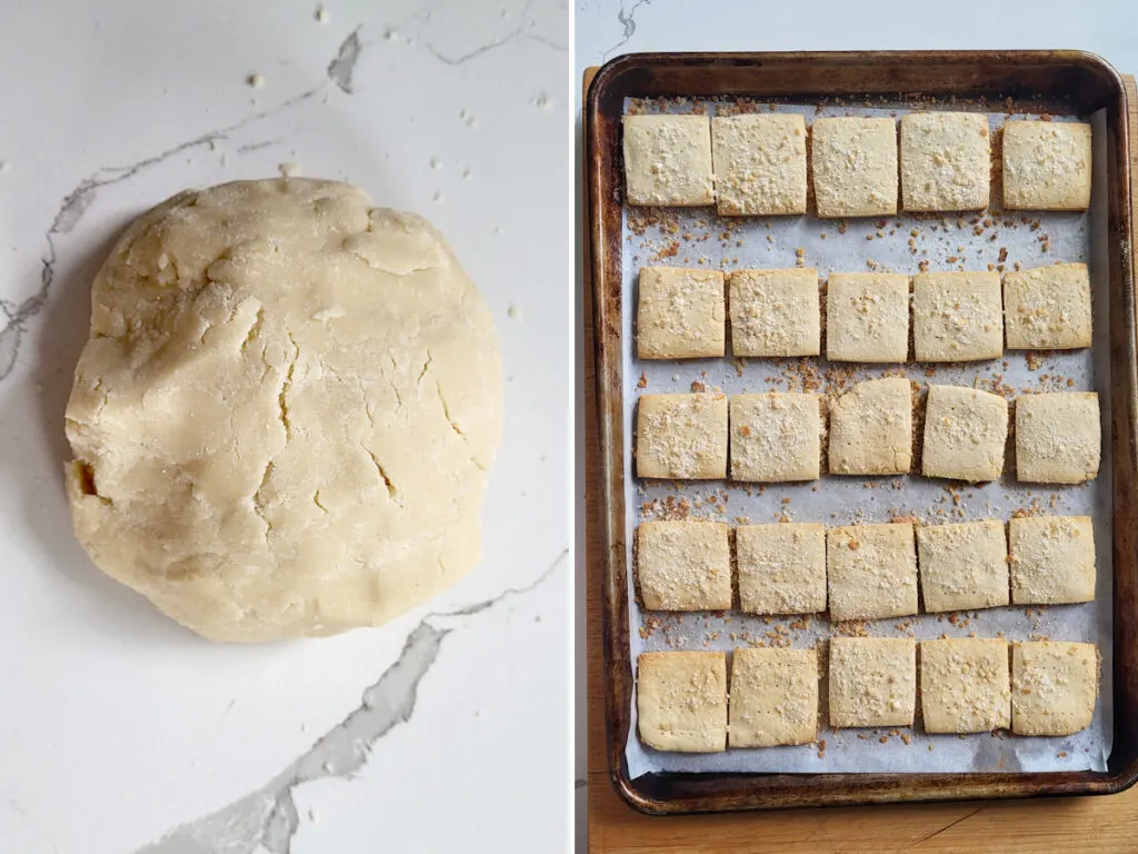 a round of shortbread dough and a tray of shortbread cookies