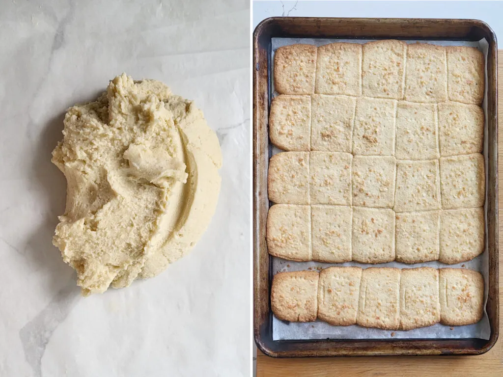 a blob of shortbread dough and a tray of shortbread cookies