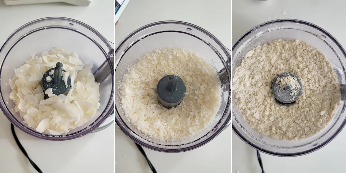 1. Coconut flakes in a food processor. 2. Ground coconut flakes in a food processor. 3. Ground coconut and all purpose flour in a food processor.