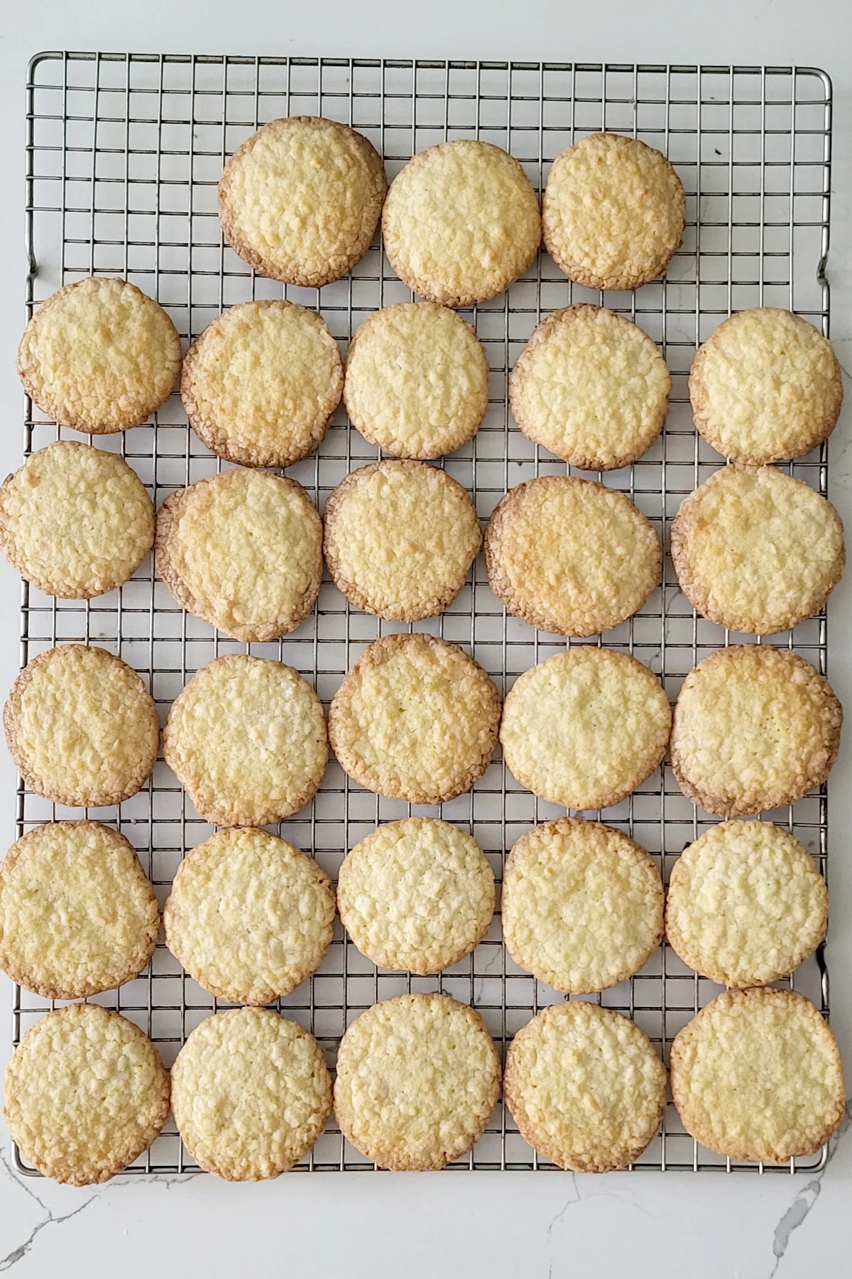 a coolie rack with rows of coconut cookies.