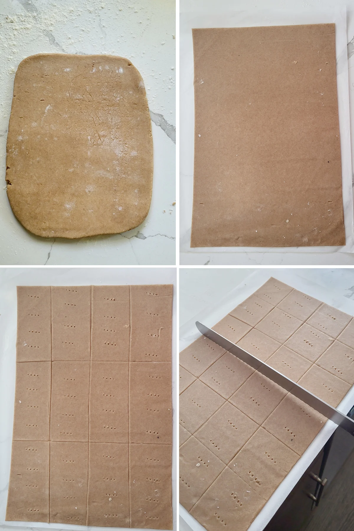 showing four steps to roll and cut graham crackers.