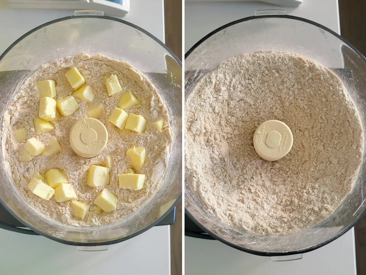 a food processor filled with whole wheat flour and cubed butter.