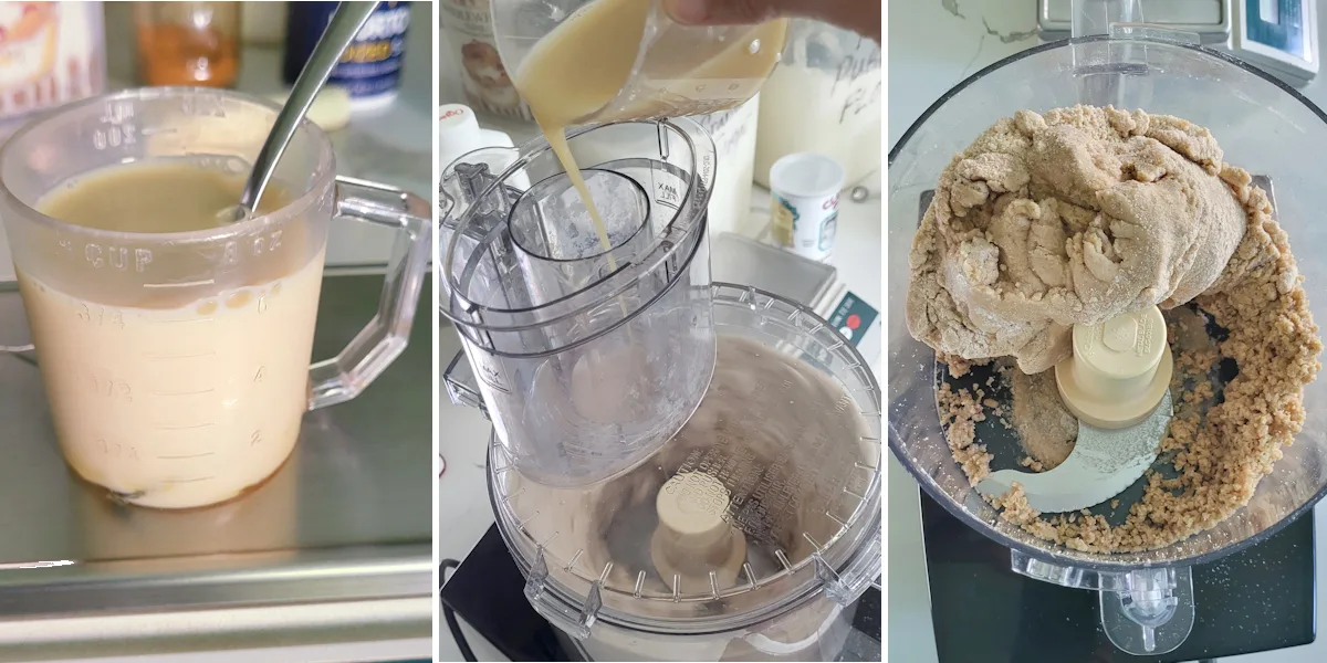 1. a cup of milk. 2. Milk pouring into food processor. 3. A food processor with a ball of dough.