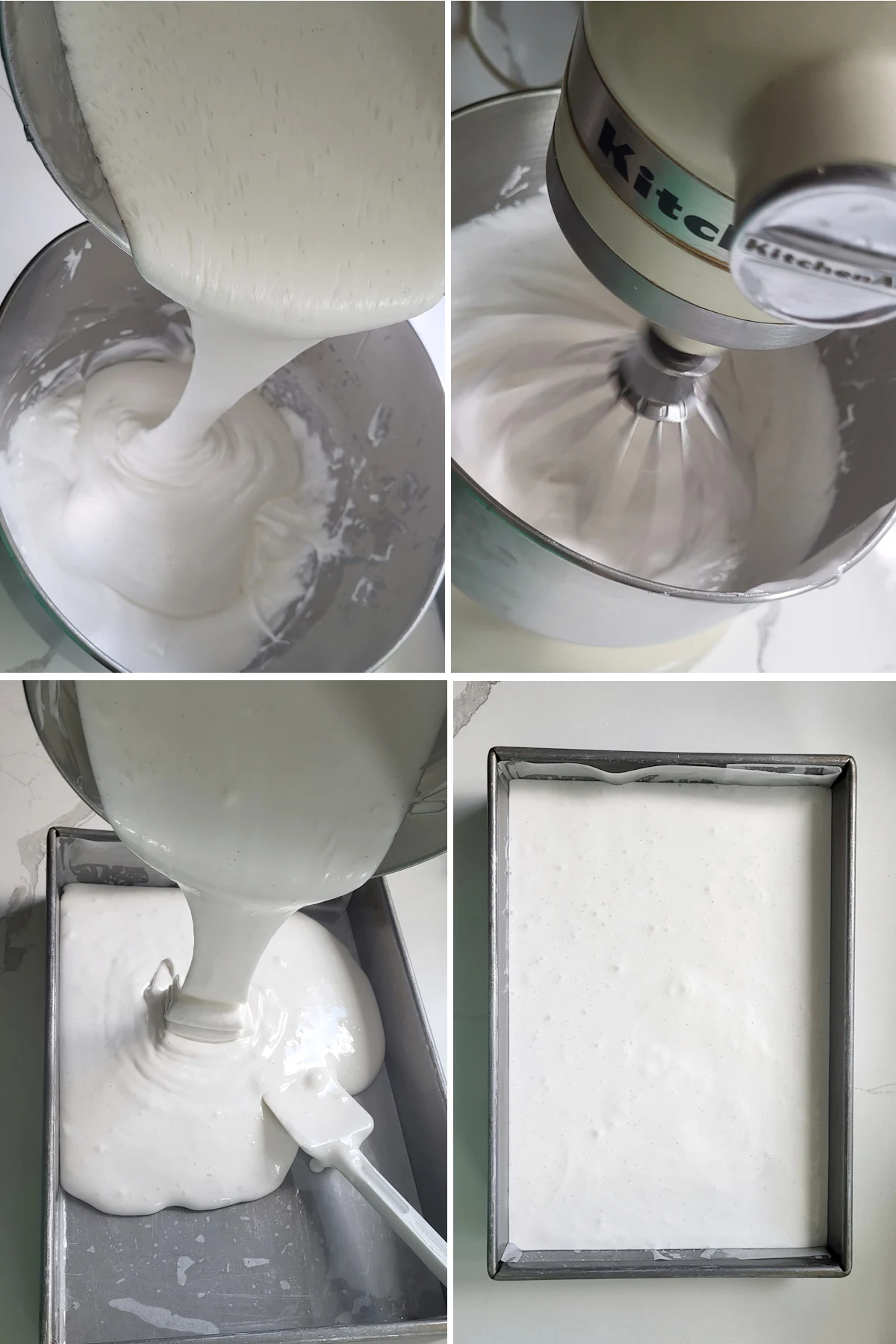 pouring marshmallow mix into a pan.