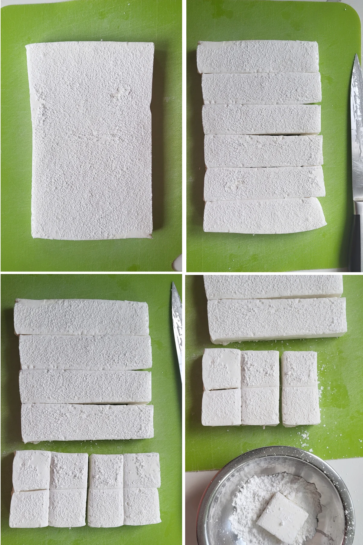 cutting strips and squares of marshmallow.