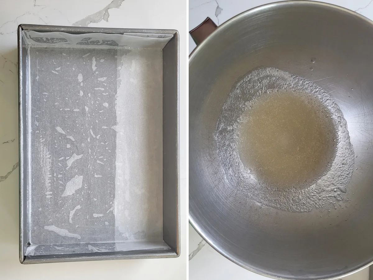 a pan lined with parchment paper. a bowl of bloomed gelatin.