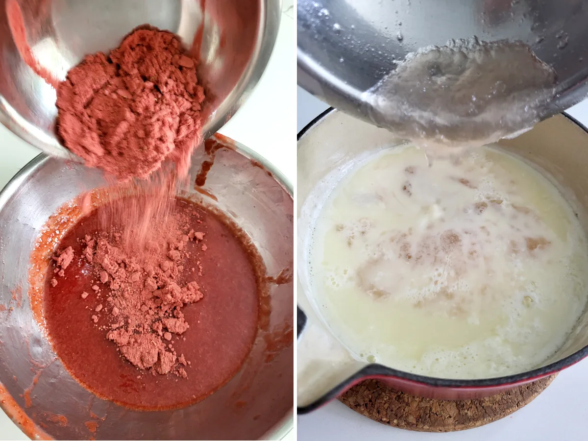 strawberry powder being added to strawberry puree and bloomed gelatin being added to warm cream.