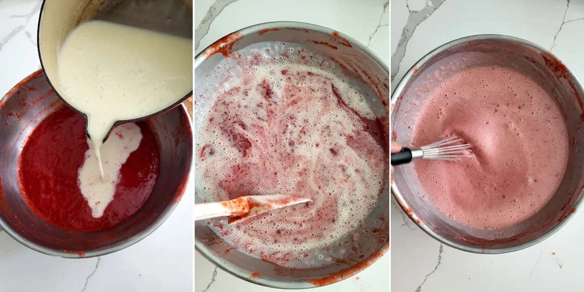 Cream being poured into strawberry puree and two photos showing the mixing process