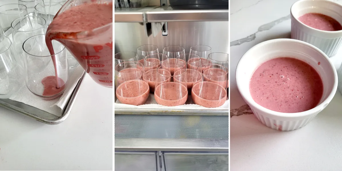 Pouring strawberry panna cotta mix into a wine glass. Glasses of panna cotta in the refrigerator and ramekins with panna cotta.