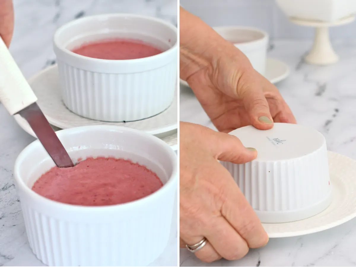 A paring knife scraping the sides of a ramekin with panna cotta. Hands flipping a ramekin onto a small plate.