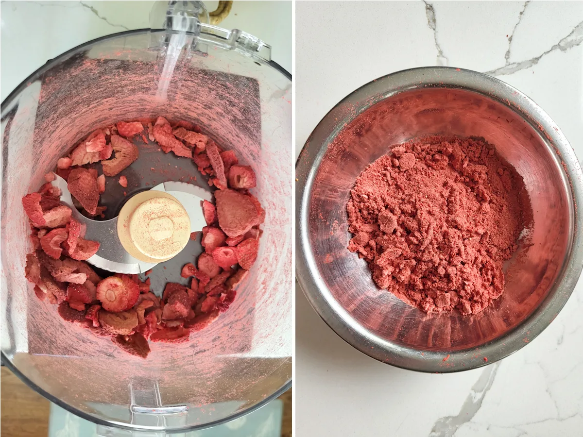 A food processor with dried strawberries in the bowl and a bowl of dried strawberry powder.