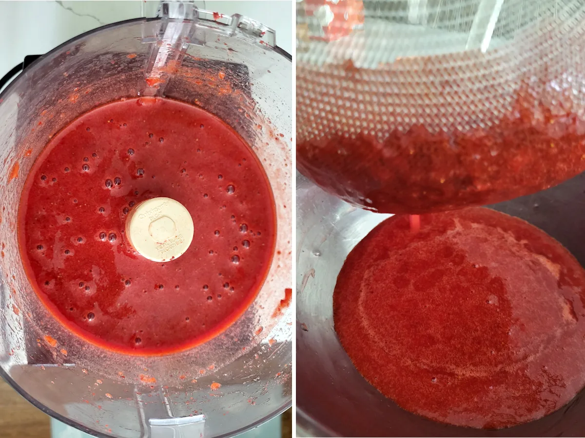 a food processor with pureed strawberries and a closeup of strawberry puree in a strainer.