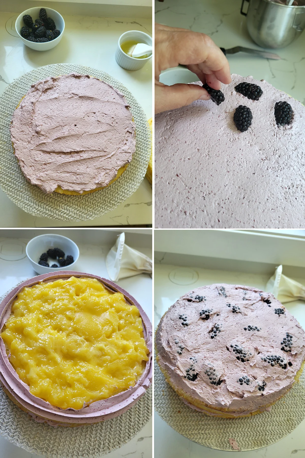 A cake with blackberry buttercream on the layer and a cake with lemon curd on the layer.