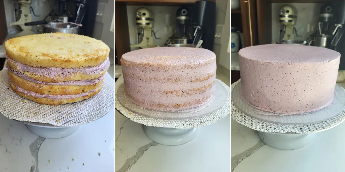Photo 1 an uniced cake. Photo 2 a cake with crumb coating. Photo 3 an iced cake