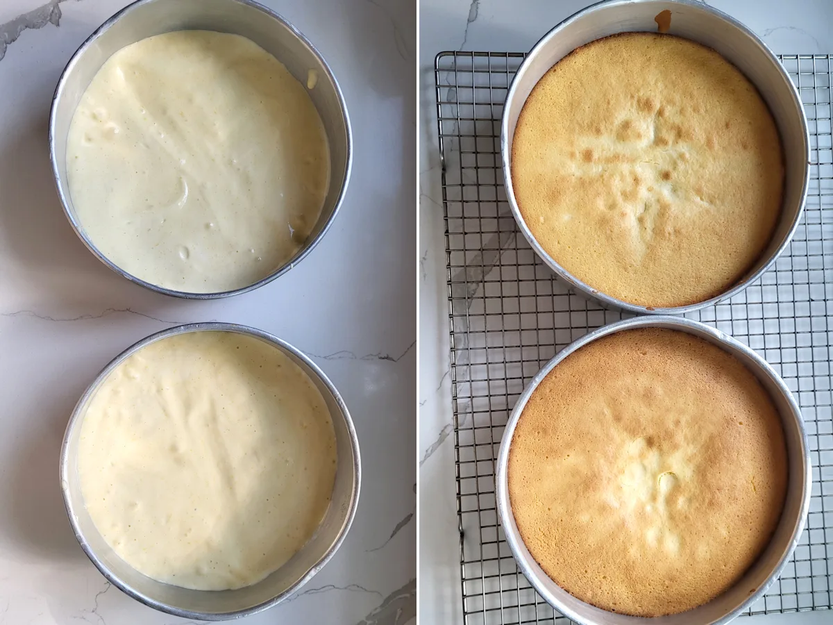 two pans with cake batter before and after baking.