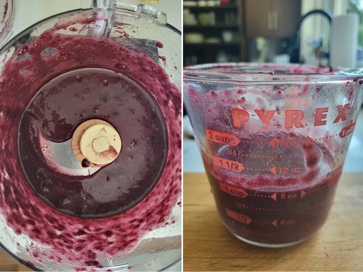 a food processor with pureed blackberries and a measuring cup with a cup of blackberry puree