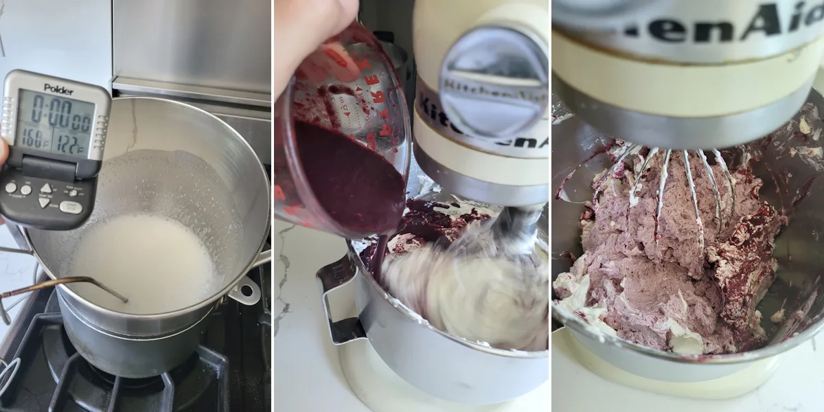 photo one shows a bowl of egg whites over water and a thermometer. Photo two shows pouring blackberry puree into a bowl of buttercream. Photo three shows blackberry buttercream in a mixer bowl.