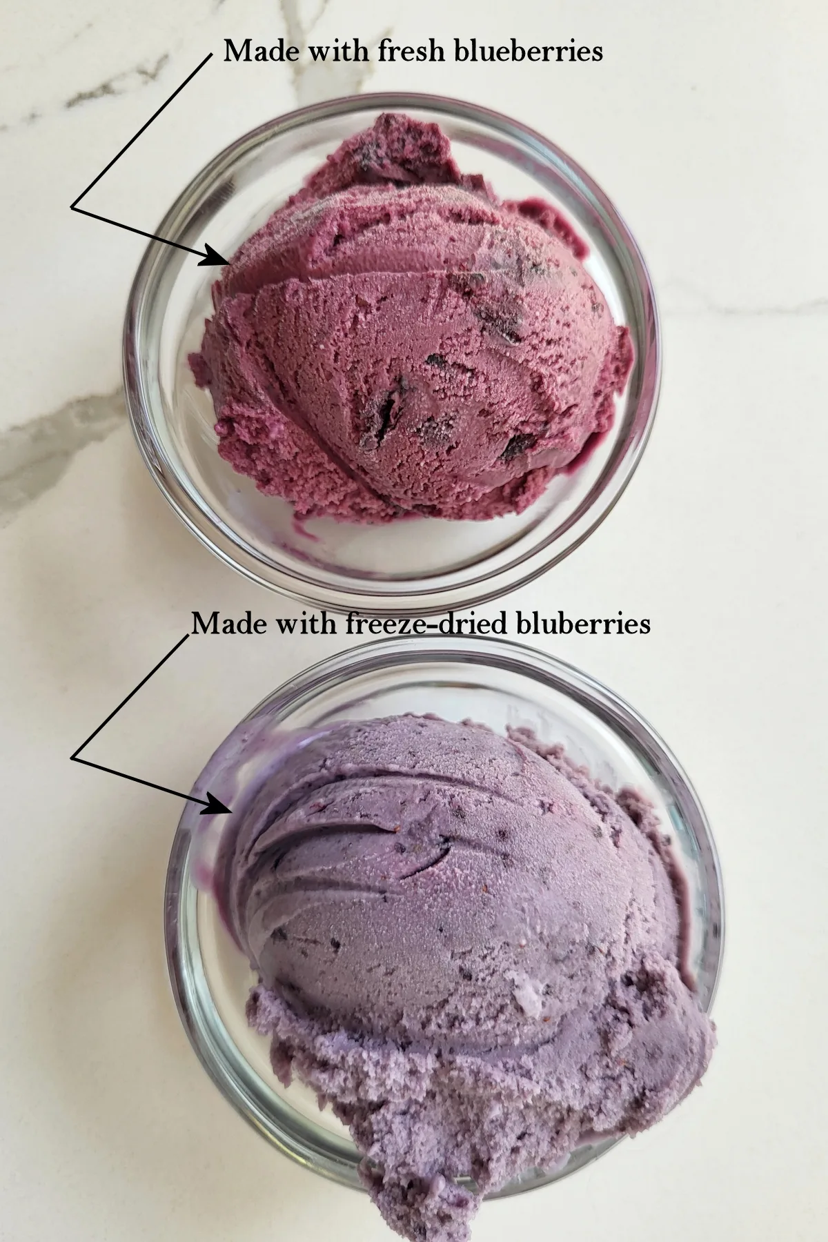 two bowls of blueberry ice cream with text overlay "made with fresh blueberries" and "made with freeze dried blueberries".