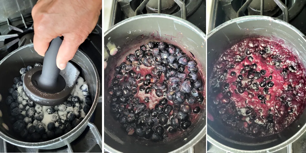 a pot of blueberries before and after cooking.