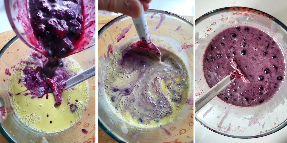 Three photos showing blueberries added to custard.