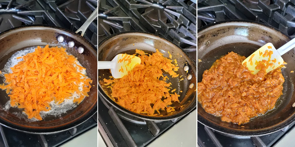 shredded carrots in a saute pan with butter.