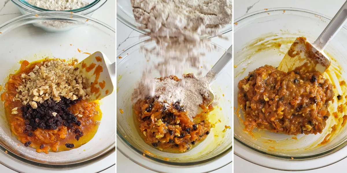 a bowl of carrot cake batter with currants, walnuts and flour added.