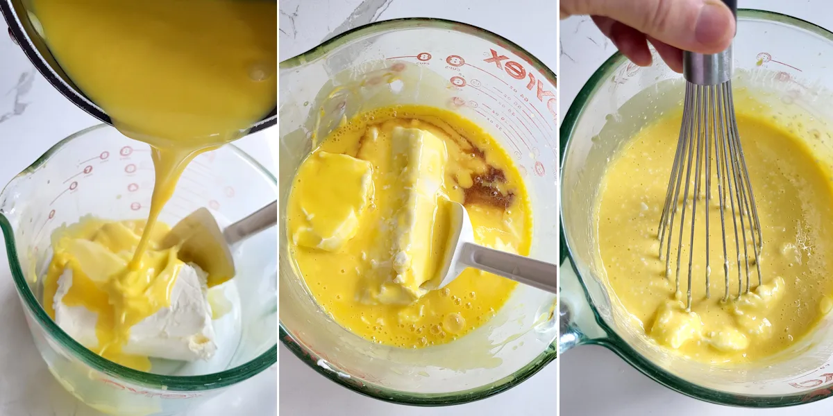 Custard poured over cream cheese and stirred. 