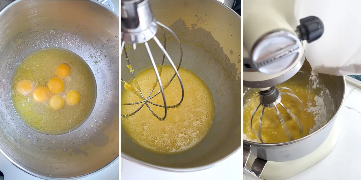 a mixing bowl with oil, lemon juice and egg yolks. A mixing bowl with whisk. Floured being poured into a mixing bowl.