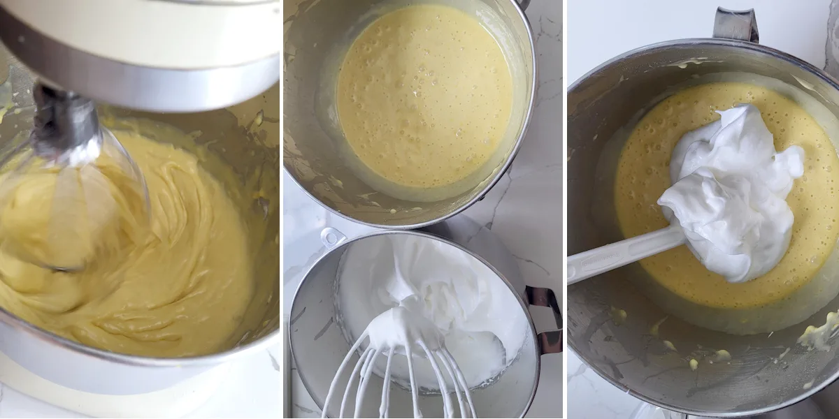 Whisking cake batter. Two bowls with whipped whites and cake batter. A spatula folding egg whites into cake batter. 