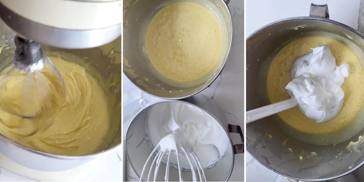 Whisking cake batter. Two bowls with whipped whites and cake batter. A spatula folding egg whites into cake batter.