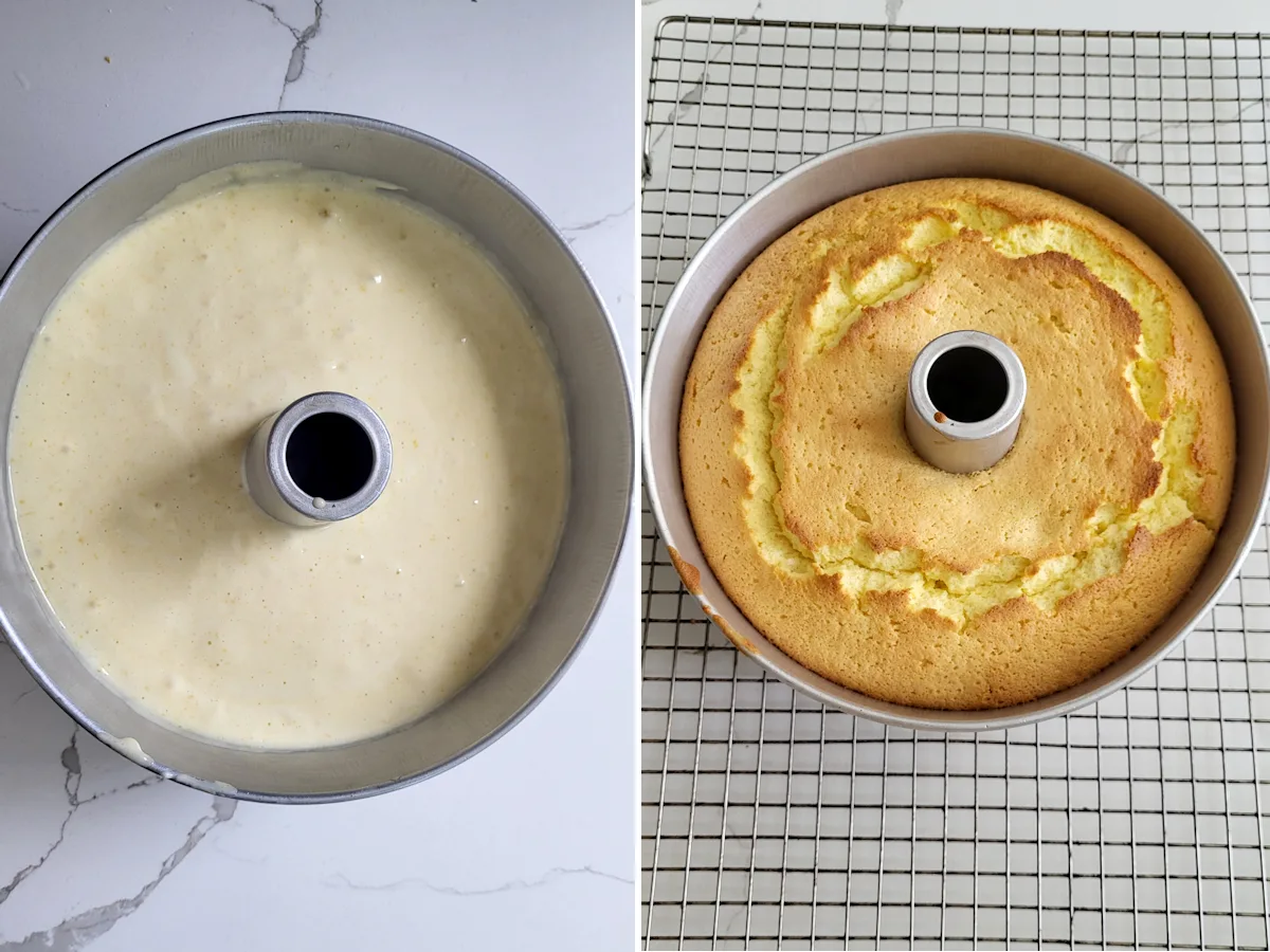 a lemon chiffon cake before and after baking.
