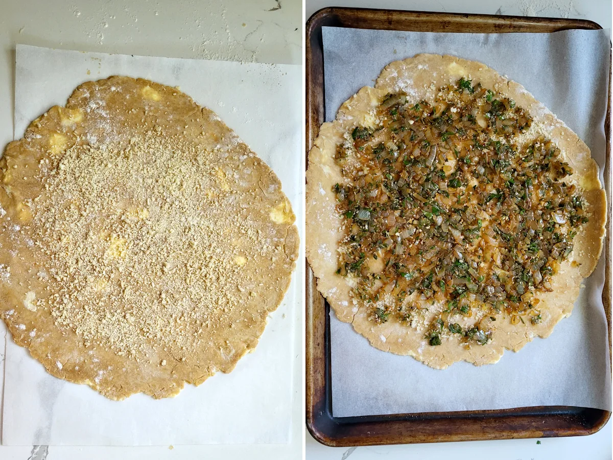 round of pie dough on parchment and round of pie dough with onions on a baking sheet