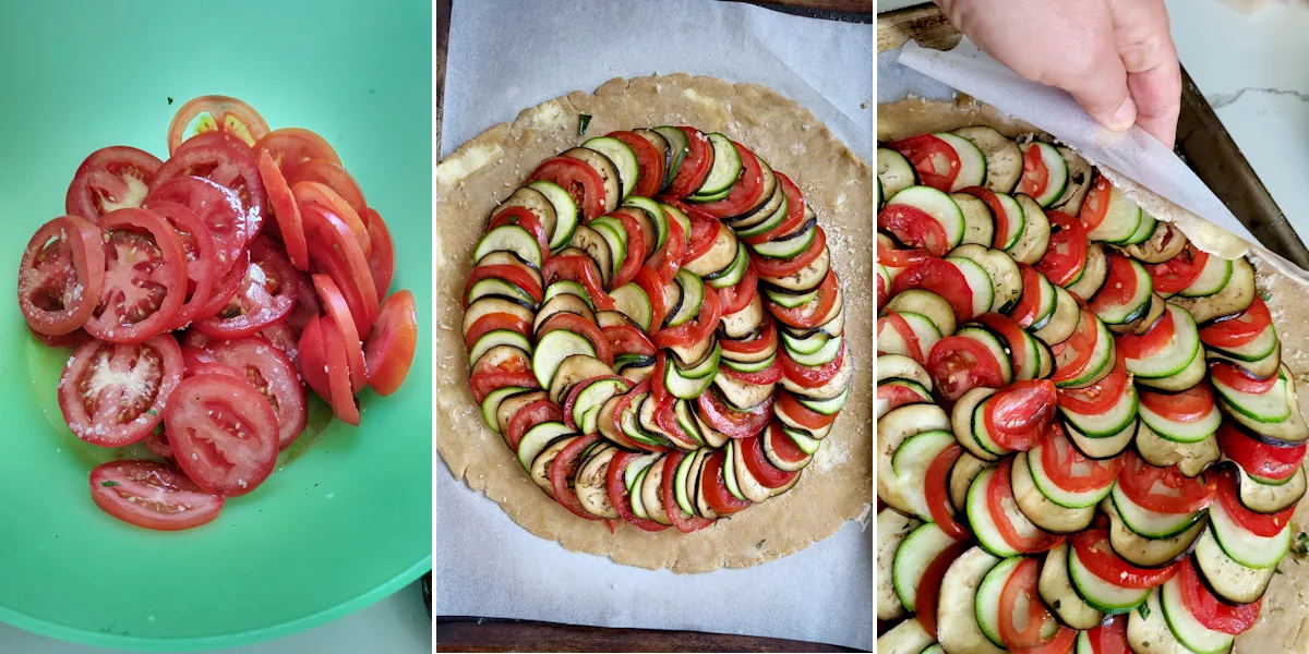 a bowl of tomatoes and a round of dough covered with sliced vegetables.