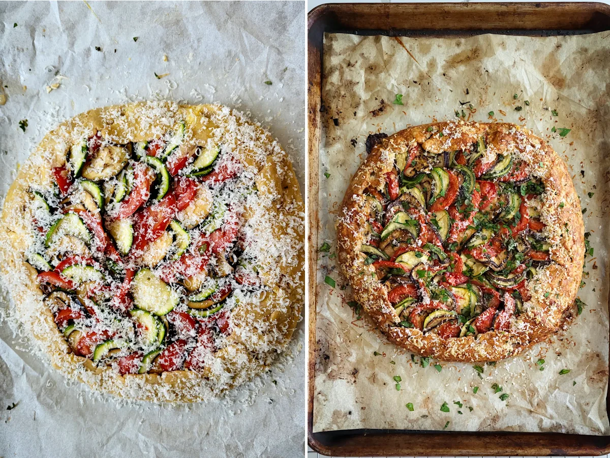 a ratatouille galette before and after baking.