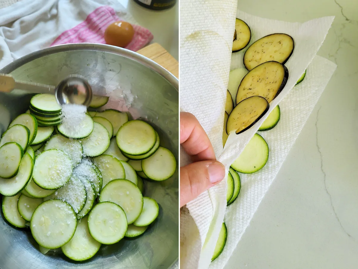 sliced zucchini in a bowl and slices of zucchini and eggplant lined on paper towels.