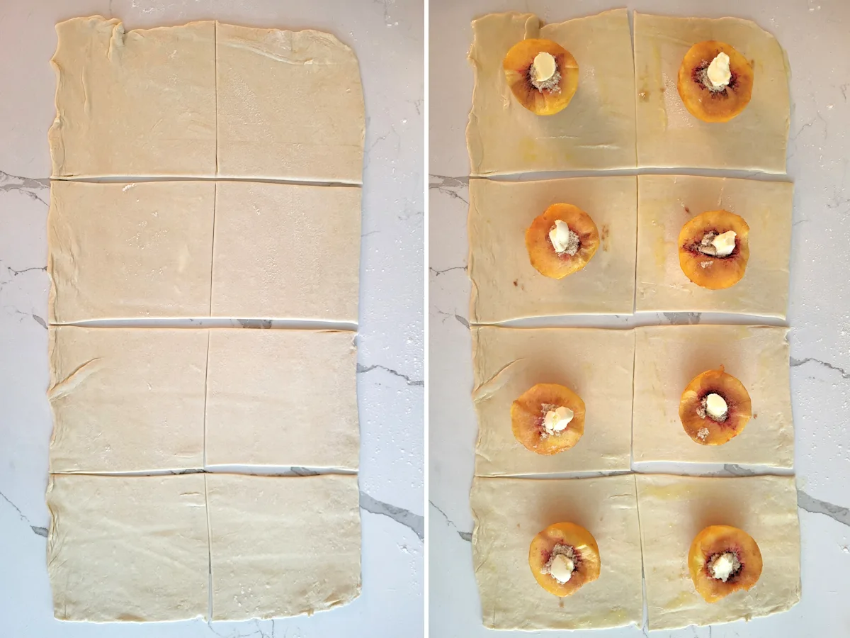 A rectangle of dough cut into squares and the same dough topped with peach halves.