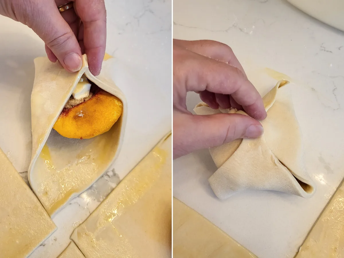 Folding dough over a peach half to form a packet.