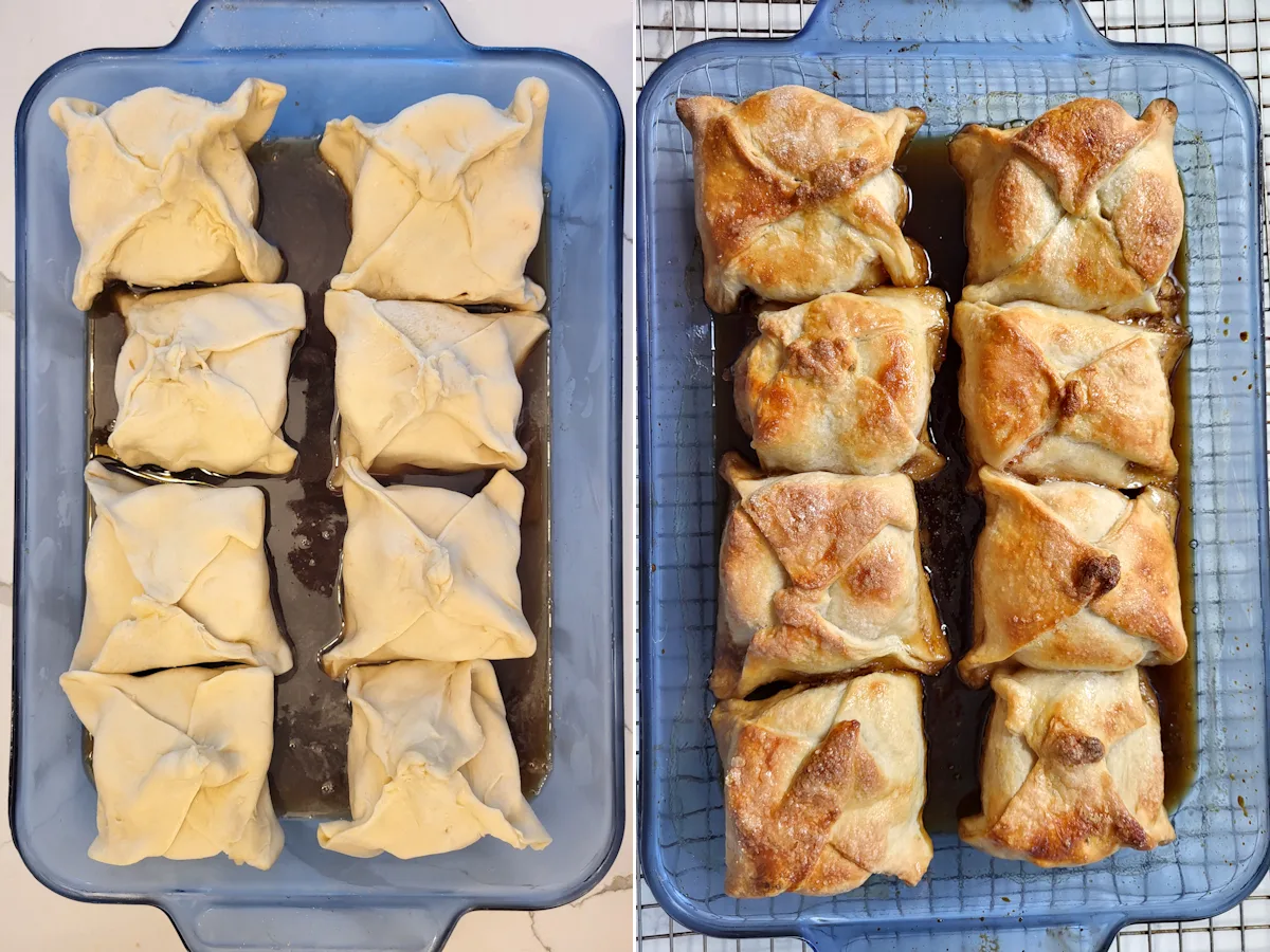A tray of peach dumplings before and after baking.