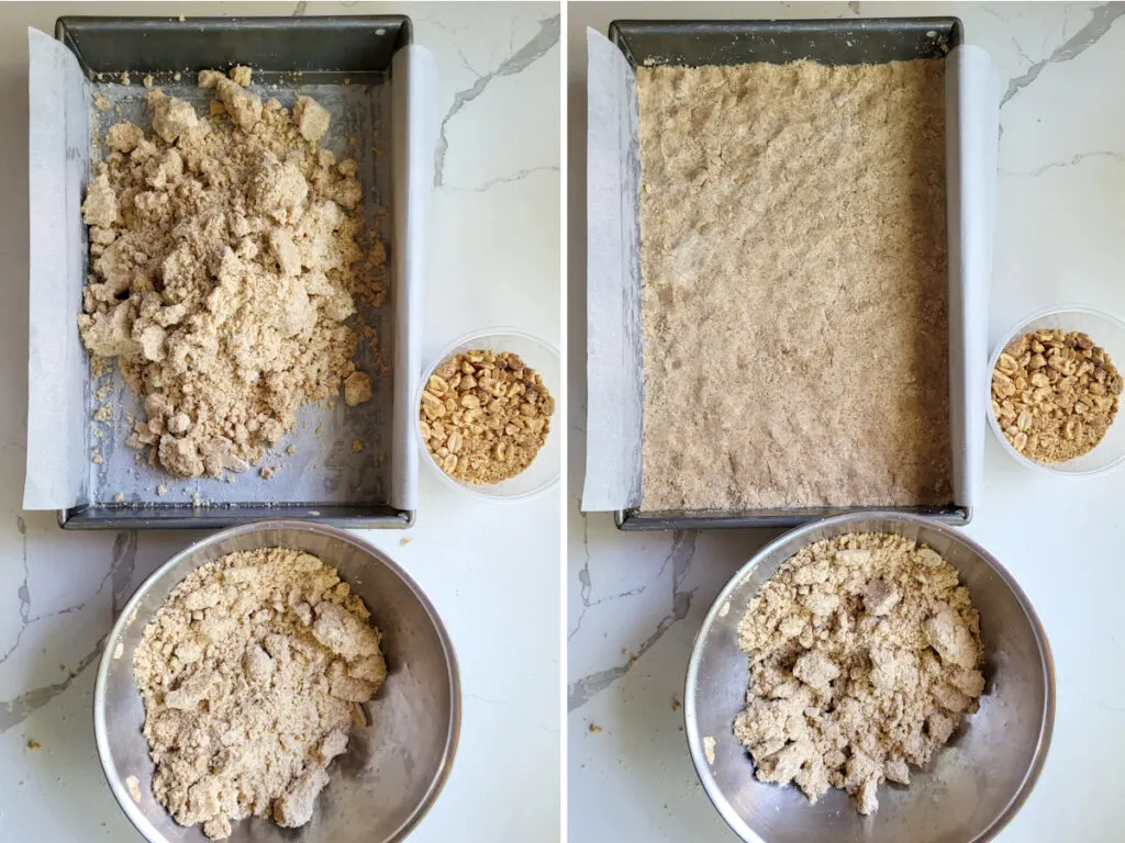 a pan of crumbs pressed into a layer.